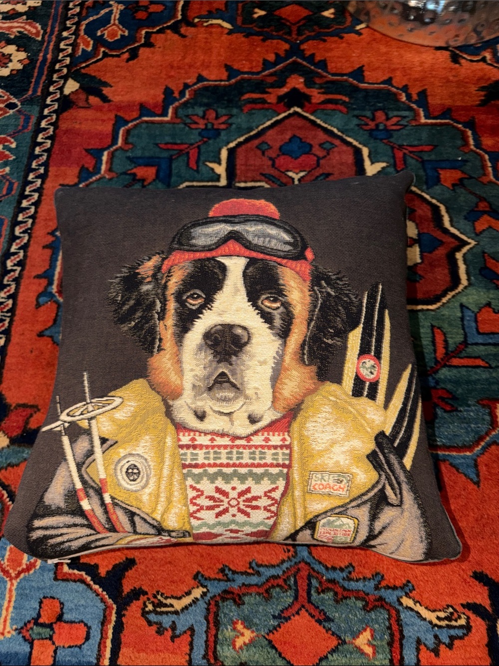 Hines of Oxford-Skiing Bernese Pillow with down insert 20" squared